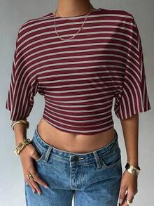 Blusa de verano para mujer con diseño de manga murciélago, cuello redondo, fruncido y estampado floral de tinte de agua en tonos cálidos, ideal para playa/vacaciones, un look casual, minimalista y elegante - Multicolor 2 - Ver 4
