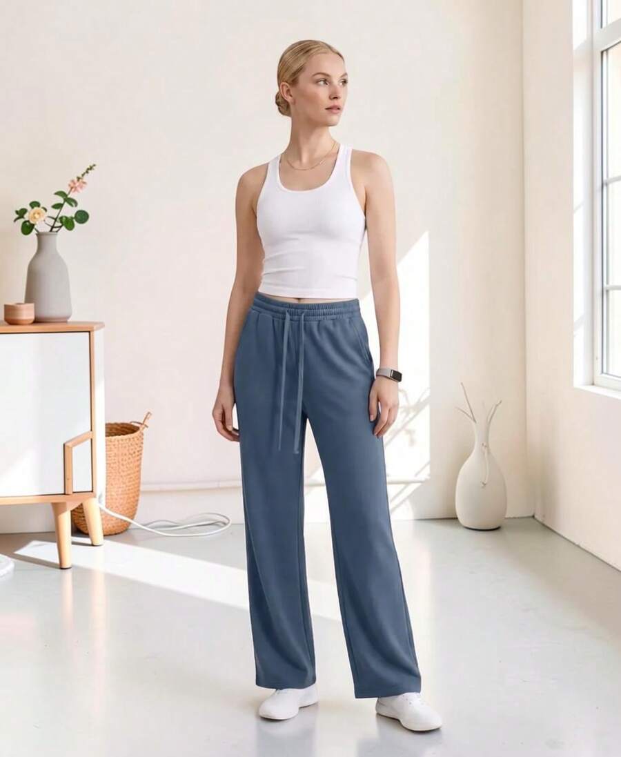 Pantalón Pants Mujer Corte Ancho Baggy Comodo Y versatil Ideal Para Gym, Yoga, pilates O varios Deportes - Azul Denim - Ver 1