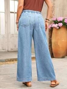 Jeans de pierna ancha con cintura con cordón y bolsillos, de uso versátil y casual para uso diario - Lavado ligero - Ver 2