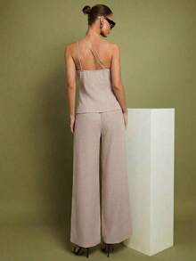 Set de 2 piezas de Top con hombros y pantalones a lunares para mujer, uso casual minimalista de todos los días - Albaricoque 2 - Ver 2
