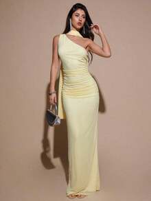 YHHSHEIN  Vestido de malla ajustado con drapeado asimétrico, elegante y sexy vestido de gala para fiesta, boda, cumpleaños, Navidad, Halloween - Amarillo claroYHH - Celeste - Ver 8