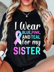 Camiseta de tela suave, talla grande, 1 pieza, camiseta de mujer para la conciencianza sobre el cáncer de tiroides - negra con diseño de cinta rosa y verde, tela transpirable y absorbente de - Negro - Ver 1