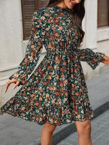 Vestido corto casual de manga larga con cuello alto y estampado floral para mujer - Verde - Ver 3