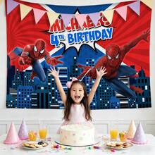 1pcs M Arvel S Pider-Man Happy Birthday Backdrop, Superhero Theme Party Decorations For Boys, City Buildings Photography Background For Cake Table, Iconic Spidey Wall Decor For Outdoor And Indoor Celebration, Creative Birthday Banner For Fans And Comic Lovers, Epic Hero Action Theme Party Supplies - Nhiều màu-A - Xem 3