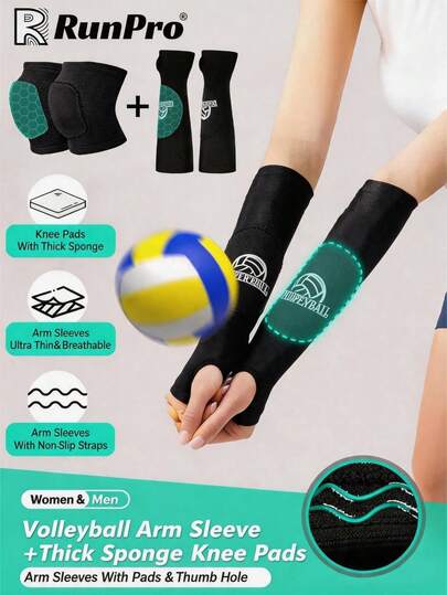 1 Set Includes: 1 Pair Volleyball Arm Sleeves + 1 Pair Thick Foam Knee Pads With Padding And Thumb Holes, Suitable For Volleyball Sports, Unisex - Black