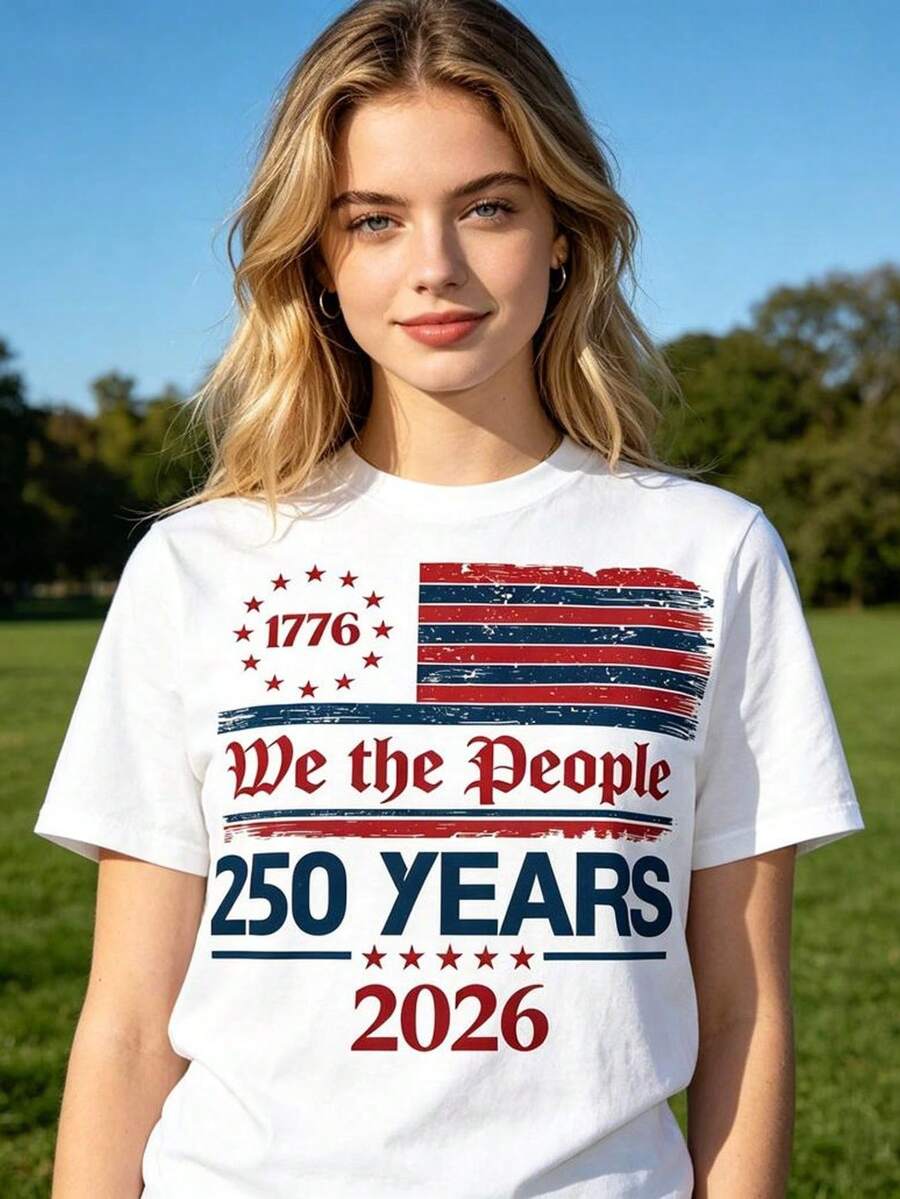 Camiseta del 250 aniversario de América, camiseta patriótica del Día de la Independencia. Camiseta unisex de algodón puro de 220 g. Peso ideal para todas las estaciones, apta tanto para hombres como para mujeres. Tejido duradero de alta calidad, suave al tacto y de larga duración. Parte superior transpirable. Adecuada para la primavera y el verano de las mujeres, vacaciones, Día de la Madre, Día de la Independencia. - Blanco - Ver 1