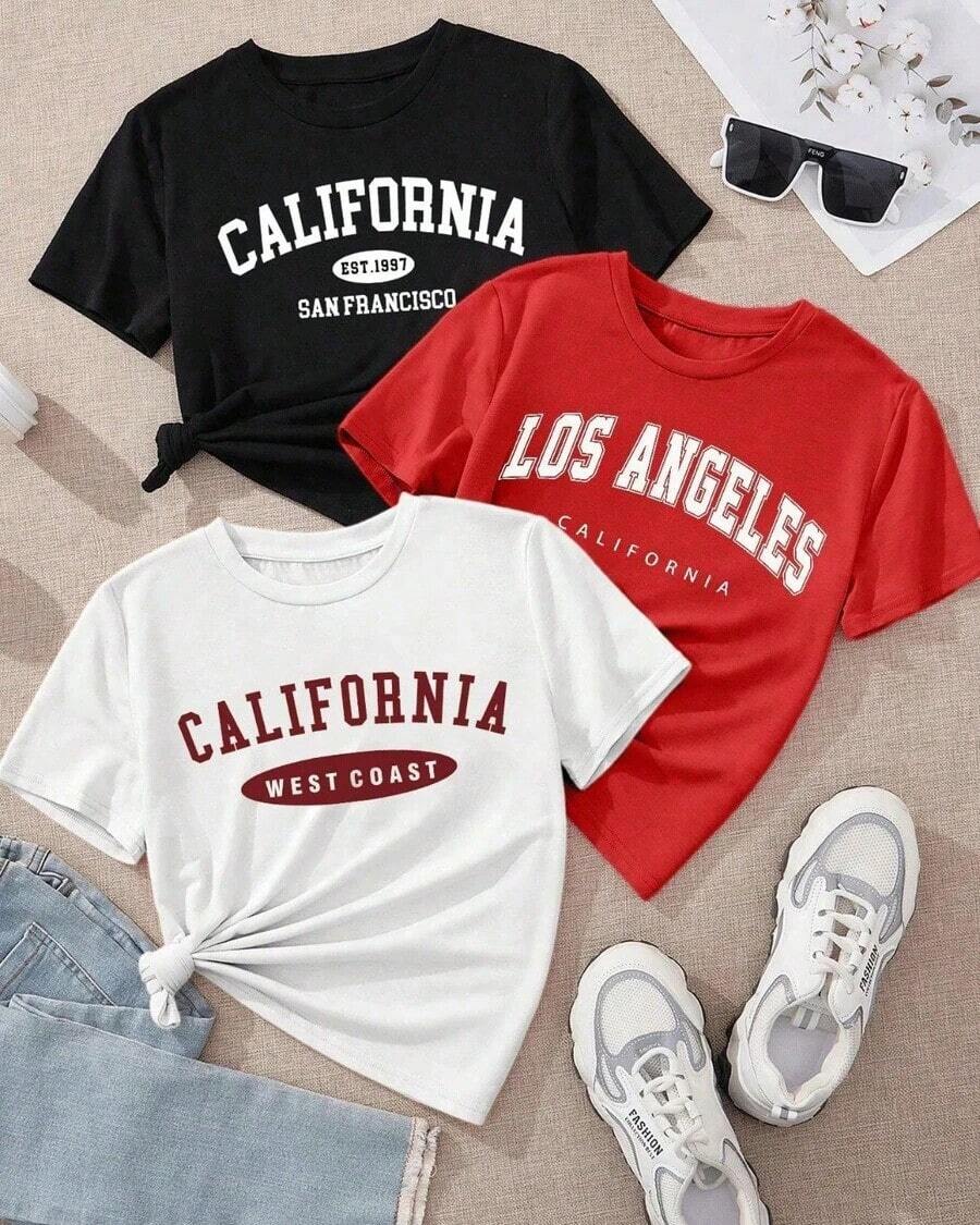 SET CAMISETAS DE CUELLO Prenda individual, no un conjunto de 3 piezas, 1 piezas/set de camisetas de manga suitable for streetwear, Top oversized cuello redondo daily outings, camping, concerts, hip-hop, rock, and rap events REDONDO MANGA CORTA IDEAL PARA TI,PLAYERA NEGRA ESTAMPADO DE CALIFORNIA SAN FRANCISCO,PLAYERA ROJA LOS ANGELES CALIFORNIA ,PLAYERA HUESO ESTAMPADO DE CALIFORNIA WES COST. - Negro - Ver 1