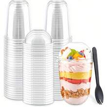 300Pcs Crystal Clear Disposable Dessert Cups Set, Leak Proof Plastic Drinking Cups With Lids & Sporks, 8oz 12oz Stackable Transparent Food Containers For Smoothie Milkshake Iced Coffee Fruit Pudding Wedding Party Daily Use - Transparent - View 15