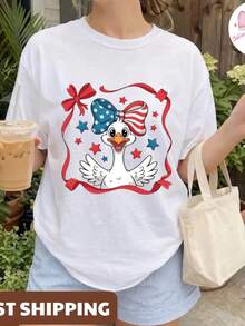 Camiseta patriótica de ganso, camiseta del Día de los Caídos, camiseta divertida de ganso, camiseta con la bandera estadounidense, regalos del 4 de julio, rojo, blanco y azul. Camiseta unisex de algodón puro de 220 g, peso ideal para todas las estaciones, adecuada tanto para hombres como para mujeres. Tejido duradero de alta calidad, suave al tacto y de larga duración. Parte superior transpirable. Adecuada para la primavera y el verano de las mujeres, vacaciones, Día de la Madre, Día de la Independencia. - Blanco - Ver 1