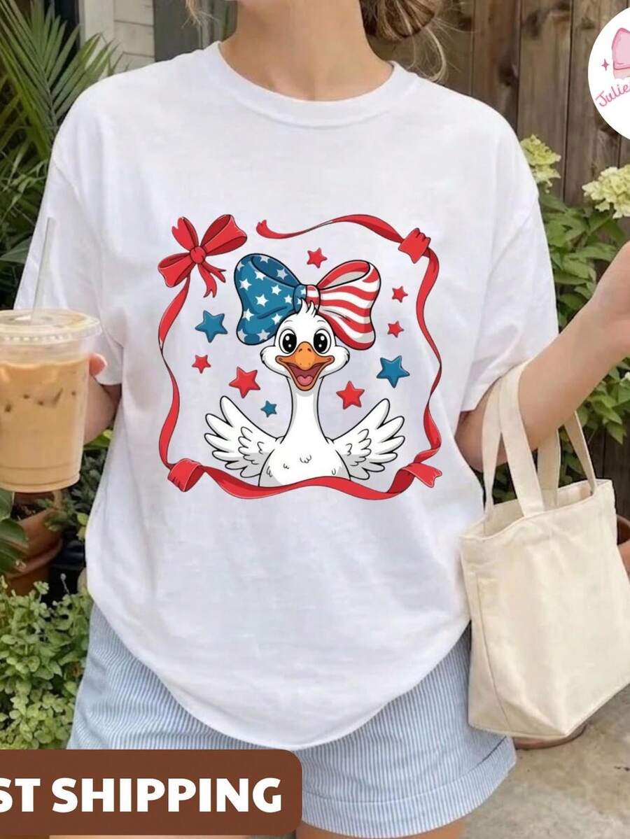 Camiseta patriótica de ganso, camiseta del Día de los Caídos, camiseta divertida de ganso, camiseta con la bandera estadounidense, regalos del 4 de julio, rojo, blanco y azul. Camiseta unisex de algodón puro de 220 g, peso ideal para todas las estaciones, adecuada tanto para hombres como para mujeres. Tejido duradero de alta calidad, suave al tacto y de larga duración. Parte superior transpirable. Adecuada para la primavera y el verano de las mujeres, vacaciones, Día de la Madre, Día de la Independencia. - Blanco - Ver 1