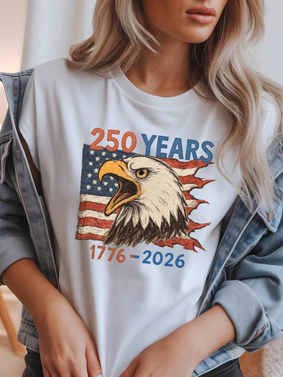 American Flag Eagle T-Shirt, 250 Years USA T1EE, Independence Day Apparel. Unisex 220g Pure Cotton T-Shirt, Ideal Weight For All Seasons, Suitable For Both Men And Women. Durable, High-Quality Fabric, Soft To The Touch And Long-Lasting. Breathable Top. Suitable For Women's Spring And Summer, Holidays, Mother's Day, And Independence Day. - 白色 - 查看 1