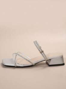Versatile Square Toe Chunky Heel Sandals, Fashionable French Style Crystal Embellished High Heels Suitable For Party, Commuting In Summer, Block Heels - Silver - View 4