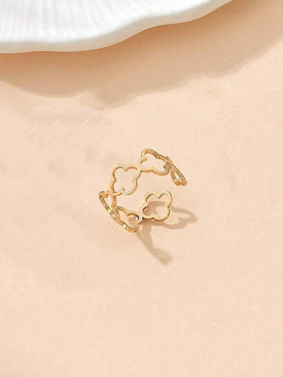 1 chiếc nhẫn hở hình cỏ bốn lá rỗng, tối giản, thời trang, thanh lịch, thích hợp đeo khi đi làm. - Vàng - Xem 1