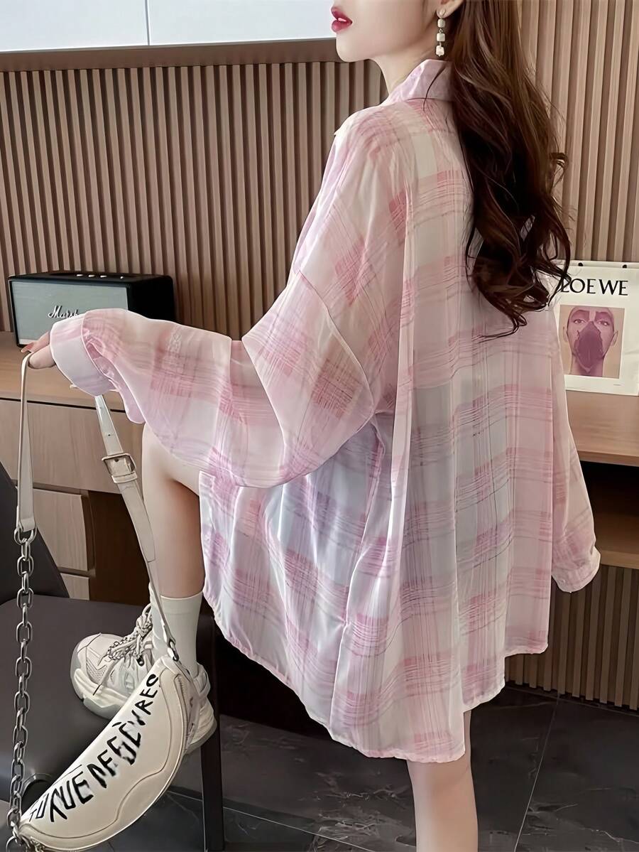 女款格紋長袖輕量寬鬆休閒防曬襯衫,夏季粉色 - 粉色 - 查看 1