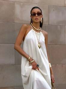 Women's Long French Style Dress Summer 2026, White Loose Fit, Halter Neck, A-Line Style, Exclusive Design - 白色 - 查看 4