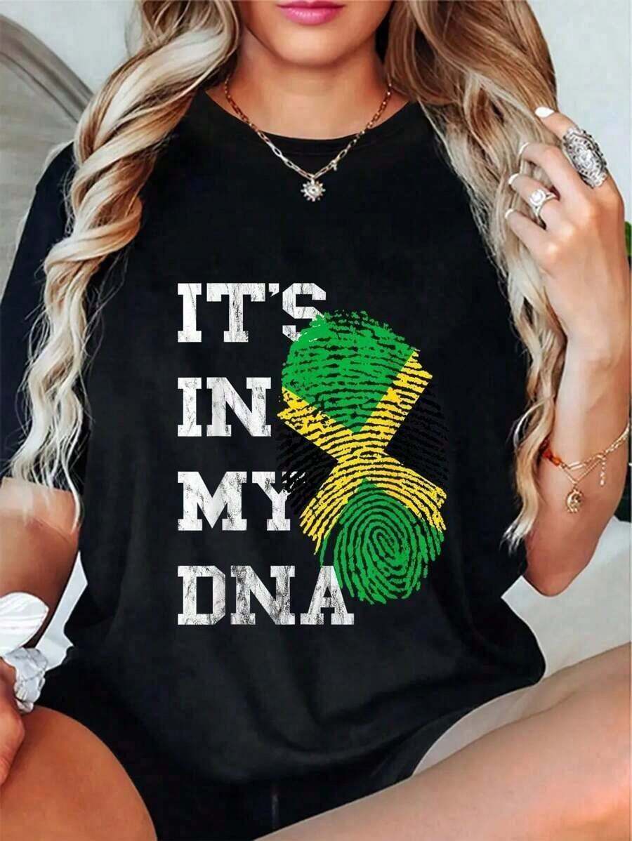 Camiseta de Algodón para Mujer "Está en Mi ADN" Genética de Jamaica Raíces Jamaicanas - Ropa de Verano - Negro - Ver 1