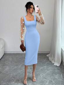 Vestido midi liso para mujer, con paneles de malla, mangas largas y detalles florales: elegante y con estilo, perfecto para el día a día, reuniones de negocios u ocasiones informales. - Azul - Ver 6