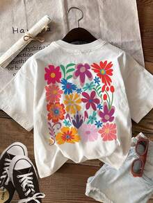 Short-Sleeved T-Shirt With Graphic Print And Round Neck, Casual Summer And Spring Top, Women's Clothing - Urban Vintage Style, Unisex Loose-Fitting Cotton Short-Sleeved T-Shirt With Round Neck, Blouses For Women. Casual Blouses For Ladies. - 白色 - 查看 1