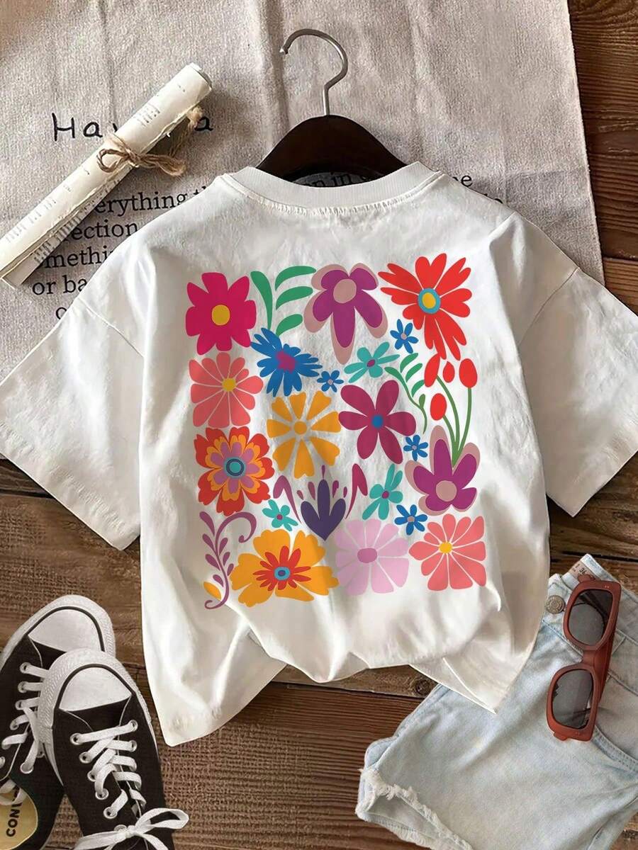 Short-Sleeved T-Shirt With Graphic Print And Round Neck, Casual Summer And Spring Top, Women's Clothing - Urban Vintage Style, Unisex Loose-Fitting Cotton Short-Sleeved T-Shirt With Round Neck, Blouses For Women. Casual Blouses For Ladies. - 白色 - 查看 1