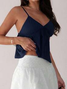 Camiseta de tirantes con volantes y lazo delantero de unicolor para mujer - Azul marino - Ver 3