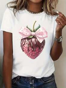 Women's Vintage Strawberry Print T-Shirt - Comfortable Round Neck, Casual Top For All Seasons, Stylish And Modern Clothing, Short Sleeves, Breathable Fabric, Perfect For Everyday Wear. - 白色 - 查看 7