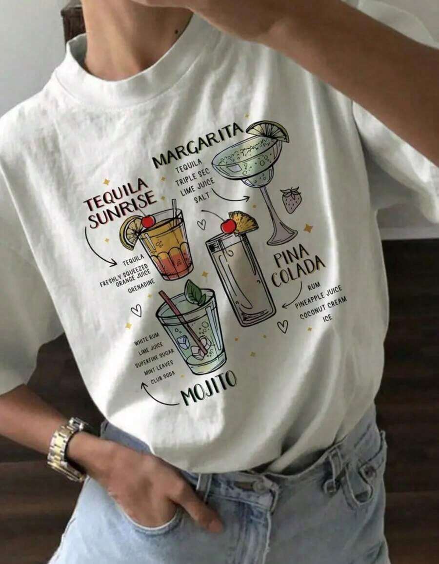 Playera de verano para hombre, estampado gráfico de cóctel, cuello redondo, manga cortaPure-Cotton - Blanco - Ver 1