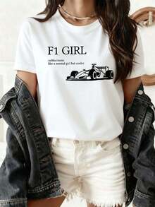 Minimalist F1 Racing Graphic T-Shirt, Combed Cotton, Lightweight, Relaxed Fit, Streetwear, Basic And Durable. Women's Simple Solid Color T-Shirt, Loose And Slim Fit Casual Short Sleeve - 黑色 - 查看 7