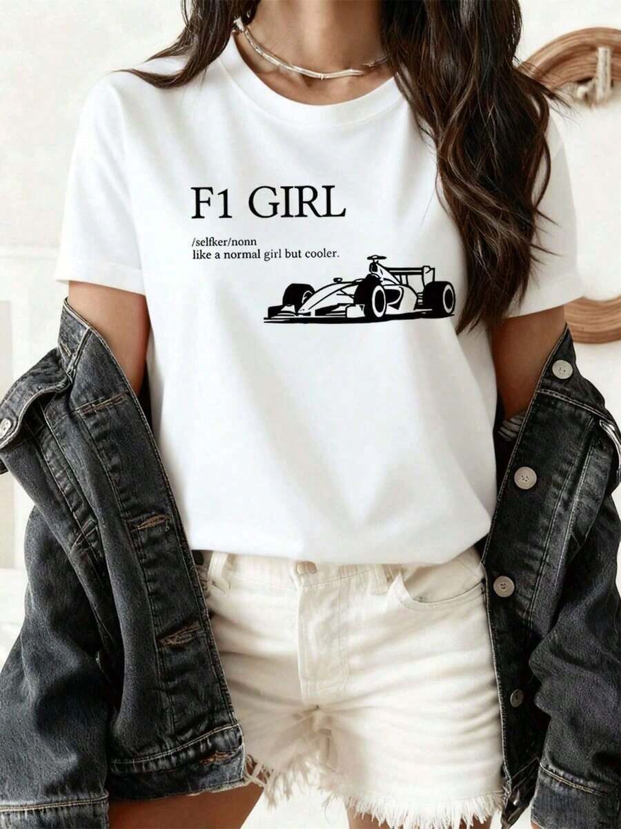 Minimalist F1 Racing Graphic T-Shirt, Combed Cotton, Lightweight, Relaxed Fit, Streetwear, Basic And Durable. Women's Simple Solid Color T-Shirt, Loose And Slim Fit Casual Short Sleeve - 白色的 - 查看 1