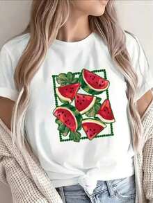 Minimalist, Lightweight, And Durable Custom Short-Sleeve T-Shirt With A Watermelon Design, Perfect For Summer Activities, Casual Outings, Beach Trips, Or Everyday Wear. Features Vibrant Fruit Patterns On A Soft Material. Simple Solid Color Women's T-Shirt, Loose And Fitted Cut, Casual Short-Sleeve Style - 白色的 - 查看 7