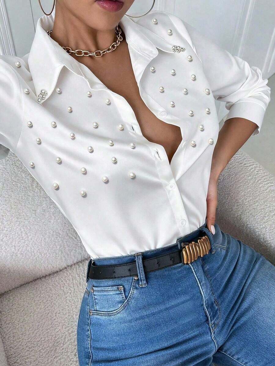Blusa blanca casual con cuello y bolsillo, de manga larga ajustada para mujeres - Blanco 3 - Ver 1