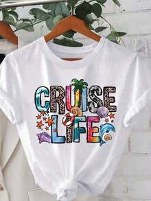Women's Short-Sleeved T-Shirt With Round Neck And Print, 180g, Breathable, 100% Cotton, Comfortable Casual Top For Women, For Outdoor Activities, Daily Sports, Cool Summer Clothing. - 白色 2 - 查看 1