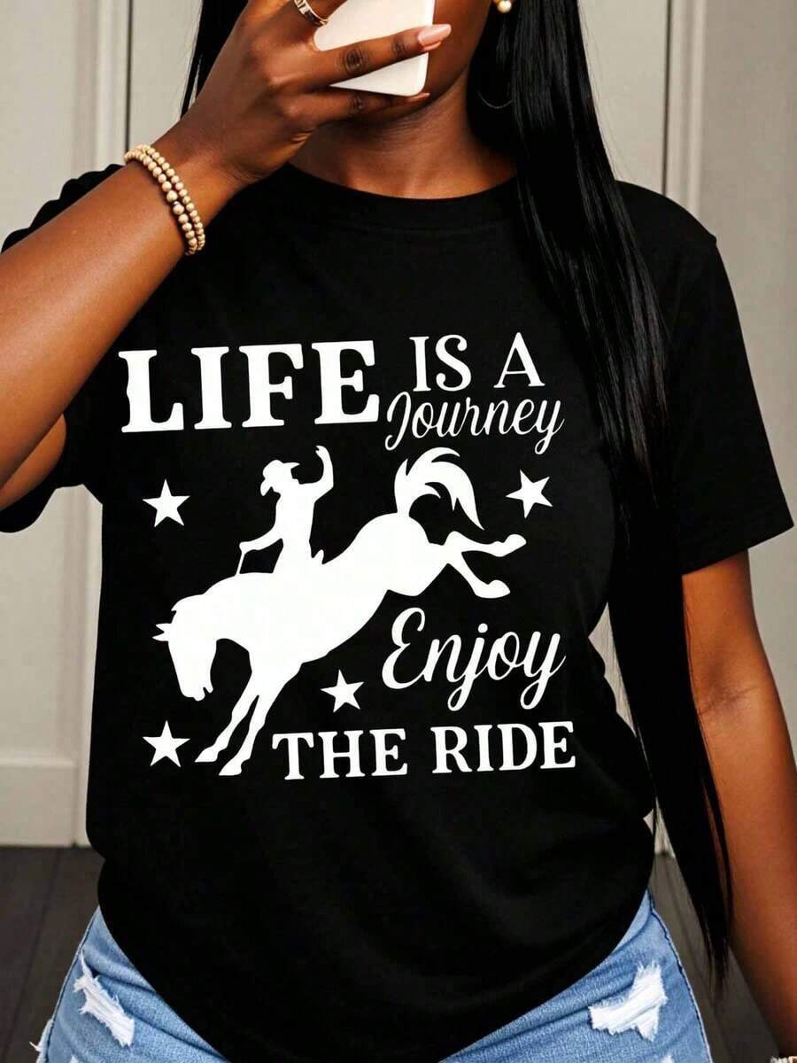 Life Is A Journey, Enjoy The Ride. Women's Graphic Riding T-Shirt, Casual Wear, Cowboy Style, Western Fashion Top, Gift For Horse Lovers. - 黑色 - 查看 1