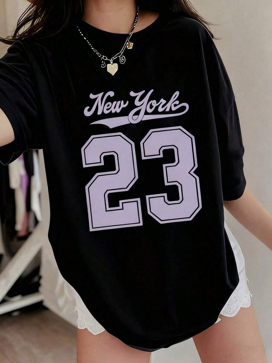 1 pieza de camiseta para mujer, camiseta casual de manga corta y cuello redondo, de algodón suave lavado con estampado, para uso diario en verano, 180g, 100% algodón lavado (tallas S-3XL). - Negro - Ver 1