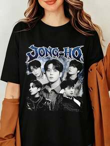 Jongho Ateezs K-Pop Graphic T-Shirt Choi Jongho Vintage 90s Bootleg Print Black Oversized Cotton Tee Men Women Streetwear Top, Idol Graphic Unisex Streetwear Gift For Fans - Black - View 1