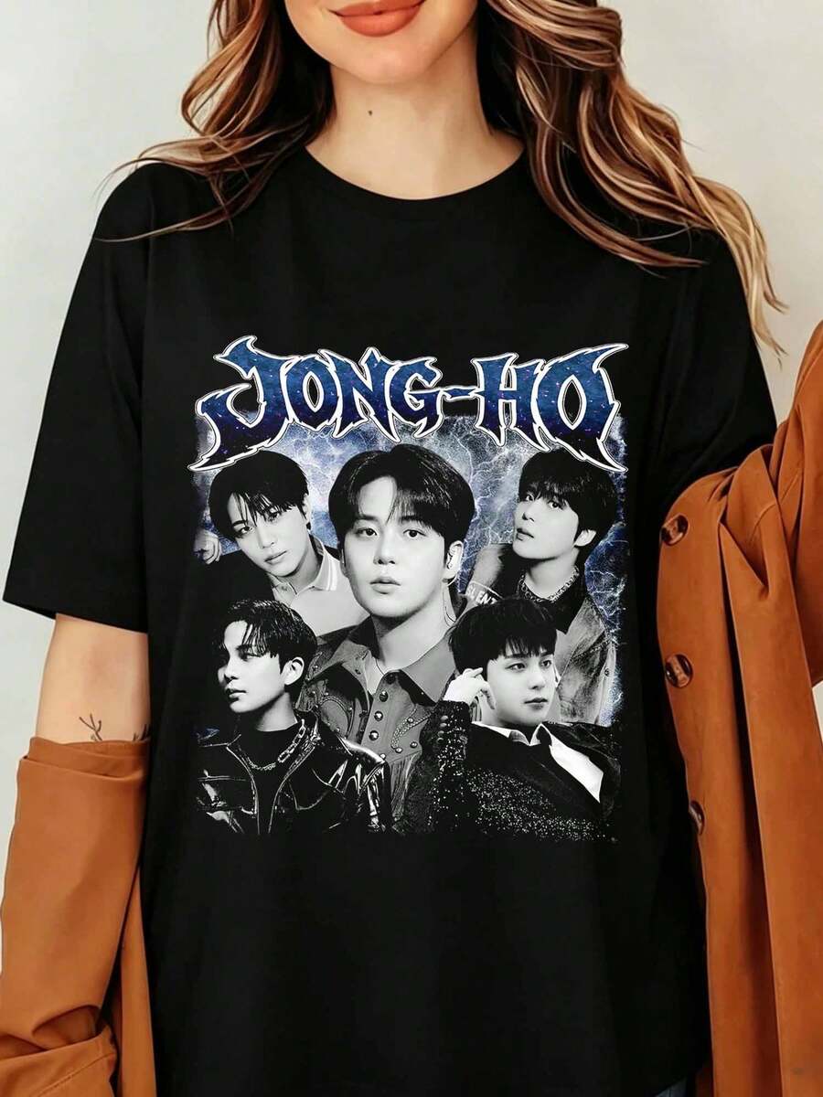 Jongho Ateezs K-Pop Graphic T-Shirt Choi Jongho Vintage 90s Bootleg Print Black Oversized Cotton Tee Men Women Streetwear Top, Idol Graphic Unisex Streetwear Gift For Fans - Black - View 1