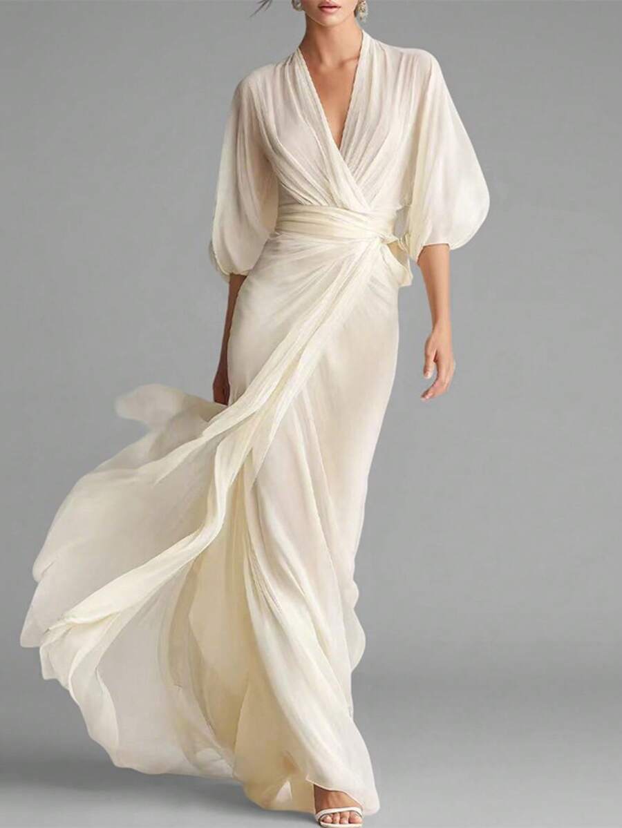 Vestido largo francés liso de corte holgado, estilo elegante y refinado, nueva colección primavera 2026 estilo europeo americano. - Blanco - Ver 1