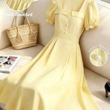Women's Light Yellow Solid Color Square Neck Short Sleeve Pearl Button Decor Charming Elegant Everyday Vacation Commute Fashion Date French Street Retro Versatile Spring/Summer Light Yellow New Mid-Length Dress - Amarillo claro - Ver 2