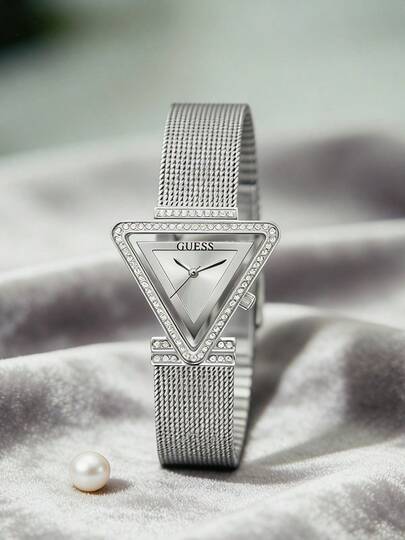 Guess Women's Statement Watch Silver Mesh Bracelet Triangle Crystal Bezel Dial Minimalist Wristwatch Bold Elegant Fashion Timepiece For Cocktail Party Date Night Bridal Event Ideal Gift For Girlfriend Wife Friend Birthday Anniversary Valentine's Day
