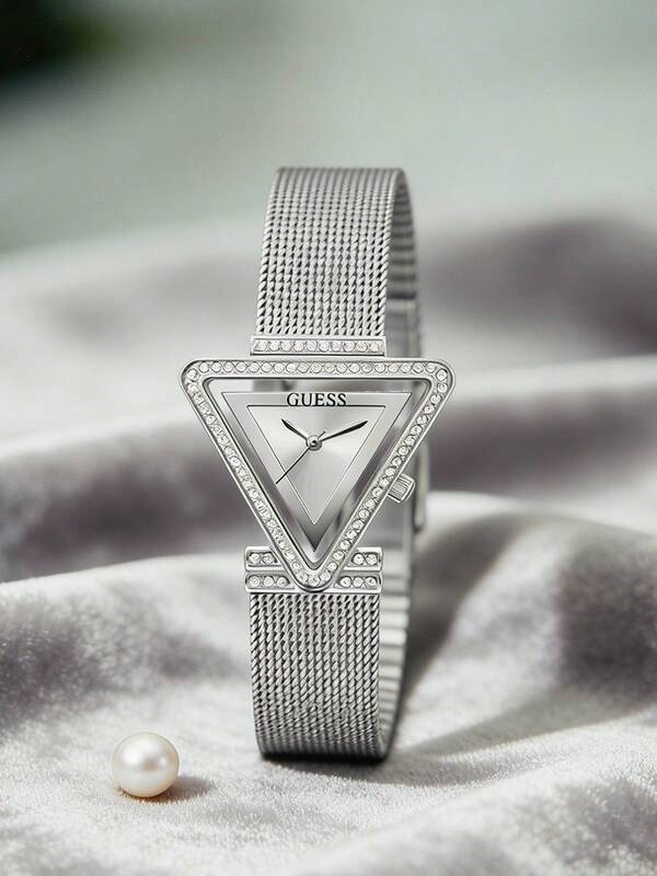 Guess Women's Statement Watch Silver Mesh Bracelet Triangle Crystal Bezel Dial Minimalist Wristwatch Bold Elegant Fashion Timepiece For Cocktail Party Date Night Bridal Event Ideal Gift For Girlfriend Wife Friend Birthday Anniversary Valentine's Day