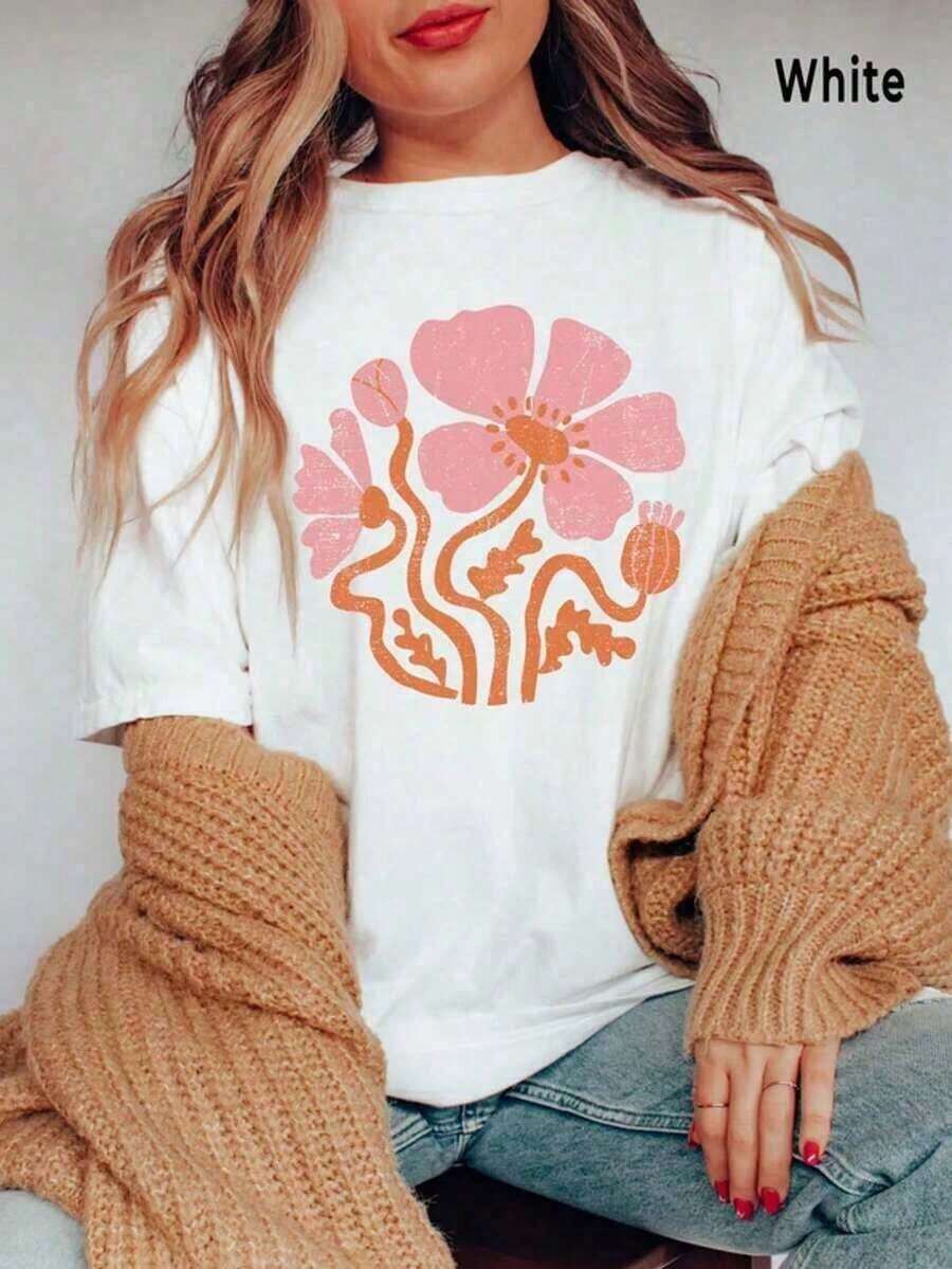 Camisa Retro con Estampado Floral, Camisa Boho con Flores Silvestres, Camiseta Moderna con Amapolas, Camisa Vintage con Amapolas, Camiseta Botánica Boho de Talla Grande, Blusa Blanca para Mujer, Camiseta de Manga Corta con Estampado Gráfico Grunge Y2K - Blanco - Ver 1