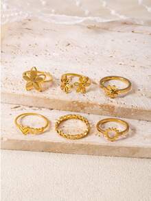 6pcs Minimalist Stainless Steel Ring Set For Women, Includes Flower, Heart, Sun Designs, Suitable For Daily, Holiday, Dating, Engagement, Wedding, Outing, Party Matching - Gold - View 3