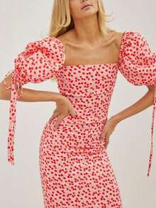 Vestido vacacional floral 2026, cuello barco, manga pompom, corte ajustado largo estilo francés - Rojo - Ver 6