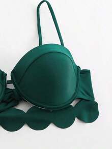 Swim Oasis Set de 3 piezas de traje de baño de vacaciones de moda para mujer, que incluye: top de bikini de unicolor con tirantes, soporte y recogido, Bottom de talle alto, y vestido largo de playa calado con bordado - Verde Oscuro - Ver 6