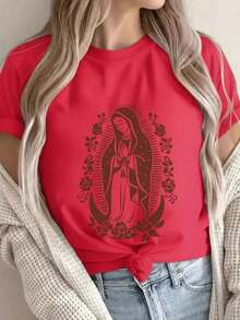 Women's Graphic T-Shirt, Short Sleeve, Round Neck, Casual, Comfortable, Cool, Lightweight, Modern, Youthful, Regular Fit, Print Of The Virgin Of Guadalupe, Monochromatic Roses And Flowers - 紅色的 - 查看 7