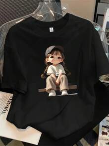Playera gráfica casual juvenil para mujer - Camiseta vintage kawaii de anime con estampado de muñeca chibi, roja, estilo manga, suave y casual, lavable a máquina, apta para todas las estaciones. - Negro - Ver 6