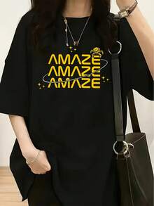 Unisex Short-Sleeved T-Shirt For Women. Space Theme. Soft Polyester. Loose Fit. Short Sleeve Top With Space Print (Planets, Rockets). Crew Neck Blouse. Suitable For Spring/Summer Casual Wear, Everyday Wear, Themed Clothing Sets, Event Wearers, Men, , Women, Romwe, Men, Bohochic, Teachers, Gifts, T-Shirt For Women's Curvy Sets, For Women, Y2k - 黑色 - 查看 6