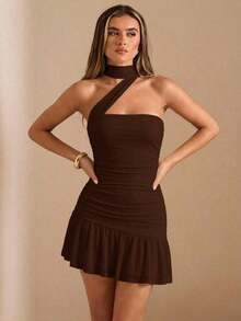 Vestido mini elegante con estampado floral crema y amarillo, con pliegues, asimétrico, sin tirantes y con tirantes anudados, para mujer en otoño/invierno. Vestido de cumpleaños, boda, cóctel, elegante y sexy, romántico, para cita, fiesta nocturn - Café integral - Ver 4