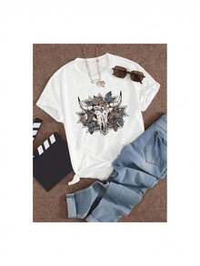 Women's T-Shirt With Cow Head Leaf Graphic Print, Casual Loose-Fitting Short-Sleeve Sports T-Shirt - 白色 - 查看 6