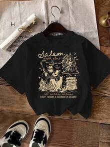 Women's 100% Cotton T-Shirts 2026 Letter Print T-Shirt, Short Sleeve, Round Neck, Casual Top, Spring Summer, Women's Clothing With Korean Style Print - Black - View 5