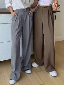 1 pieza Pantalón de vestir de cintura alta con bolsillos en diagonal, atuendo de negocios para mujer - Marrón - Ver 4